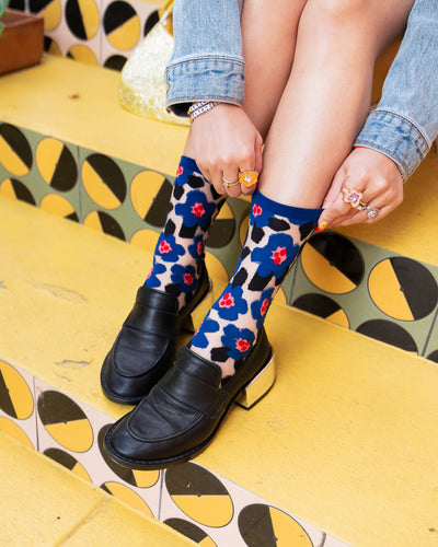 Sock Candy Bold Blue floral sheer sock blue floral socks and loafers